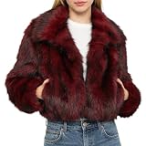 Amazhiyu Manteau en fourrure synthétique pour femme   Veste en fourrure synthétique   Veste courte en peluche   Veste d'hiver en fausse fourrure   Col ouvert avec poches, rouge, XL