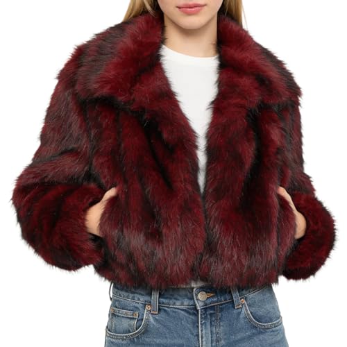 Amazhiyu Manteau en fourrure synthétique pour femme - Veste en fourrure synthétique - Veste courte en peluche - Veste d'hiver en fausse fourrure - Col ouvert avec poches, rouge, XL