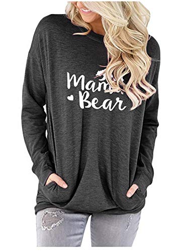 Onlypuff Long Sleeve Pocket T Shirts For Women Mama Bear Tops Solid Dark Gray L thumb #1