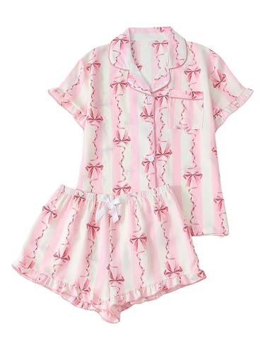 Image of Verdusa Women's 2 Piece Tie Dye Pajamas Set Short Sleeve Button Down Top and Ruffle Shorts