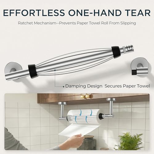 FORIOUS Paper Towel Holder Under Cabinet, SUS304 Wall Mounted Commercial Paper Towel Holder, One-Handed Tear Hanging Paper Roll Holder with Ratchet Mechanism for Kitchen Bathroom (Brushed Nickel) by FORIOUS - Image 3