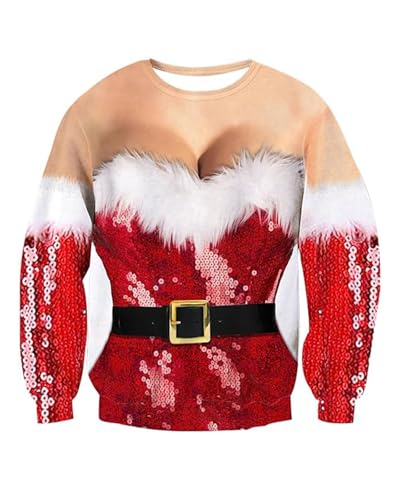 Xumplo Ugly Christmas Jumpers for Women 3D Novelty Pattern Xmas Sweatshirts Ladies Long Sleeve Funny Pullover Top Clothes （XXL） Red and White