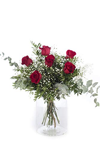 Ramo 6 Rosas Rojas, Flores Naturales a Domicilio Blossom® | Ramo de Rosas Naturales a Domicilio Frescas y Recién Cortadas | Sant Jordi, San Valentín, Día de los Difuntos | Entrega Gratis