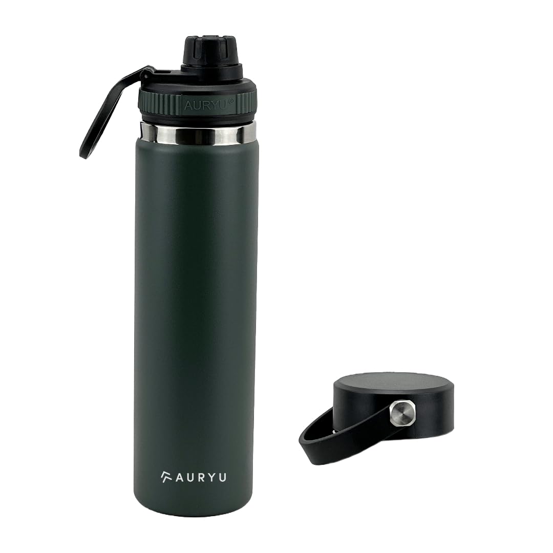 Olive Green 24oz Triple-Wall Stainless Steel Water Bottle  Wide Mouth, Leak Proof Thermos with Bonus Spout Lid  BPA-Free Flask for Gym, Hiking, Travel, Hot & Cold Drinks 24 Ounces Olive Green