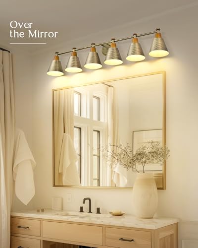 Image of FEMILA Gold Light Fixture Bathroom, 6 Light Brushed Gold Vanity Light, 45.3 inch Bathroom Lighting Fixture Over Mirror, 4FG59B-6W BG