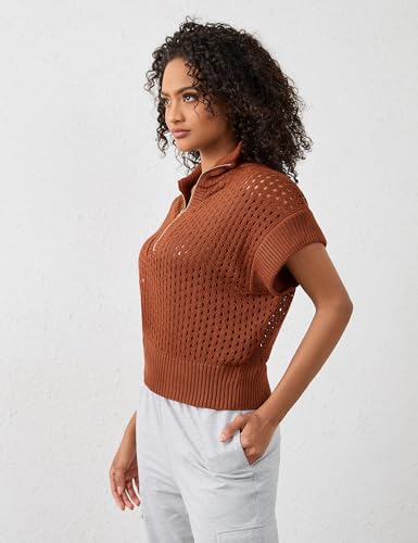 Image of Womens Spring Cap Sleeve Crochet Sweaters Loose Fit Quarter Zip Lightweight Hollow Out Beach Vacations Clothes