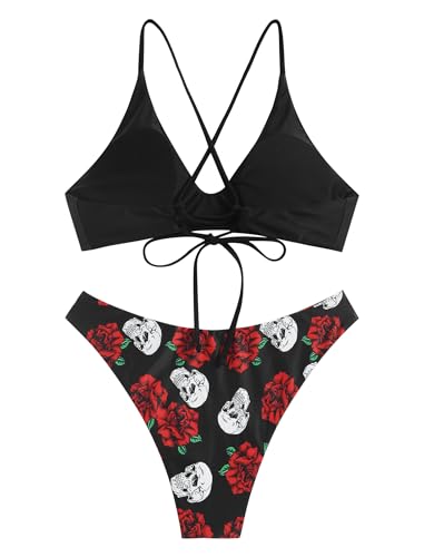 Image of ZAFUL Women's Tie Back Padded High Cut Bralette Bikini Set Two Piece Swimsuit