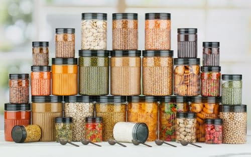Image of Polypropylene Pet Food Storage Containers Set With Airtight Lids, Kitchen Organisation Jars For Pasta, Spices, Dry Goods, Stackable (12 Pcs BLACK)