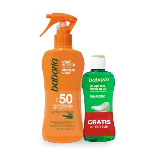 Babaria - Spray Solare Protettivo SPF50 con Aloe Vera + Doposole Effetto Ghiaccio | Protezione Alta UVA/UVB | Facile Applicazione | Resistente all'Acqua | Coral Friendly | Vegano | 200 ml + 100 ml