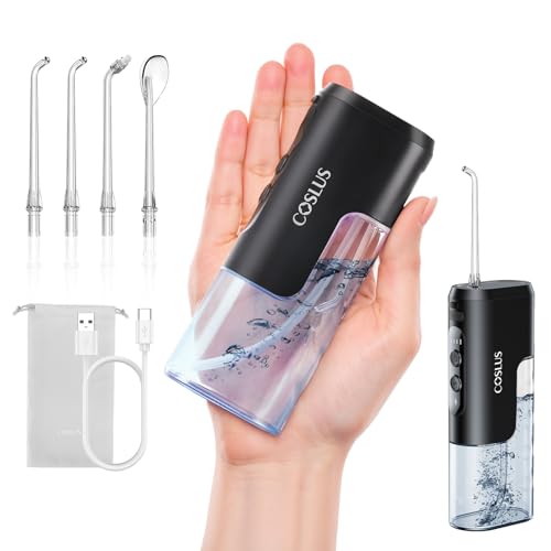 COSLUS Mini Water Flosser for Travel: Portable Compact Design - Removable Tank for Easy Cleaning - 4 Modes IPX7 Electric Flosser for Braces/Orthodontic/Sensitive Gums On-The-Go Use Black(T40)