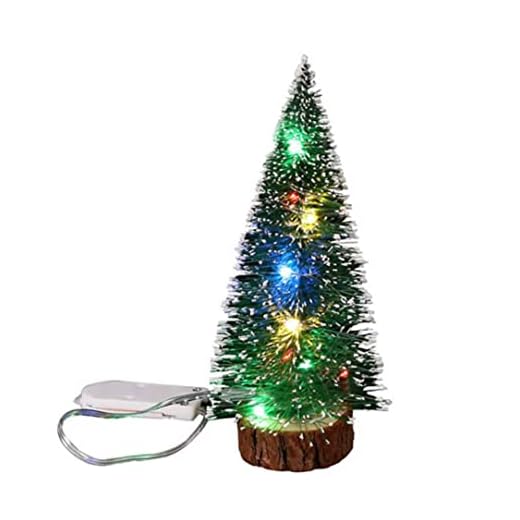 Mini albero di Natale con luce a LED Base in legno artificiale Alimentato a batteria Decorazione da tavolo in pino bianco per la fotografia di home office, Albero di Natale del 15 cm
