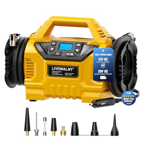 3X Faster Cordless Tire Inflator Air Compressor Pump Compatible With Dewalt 20V Battery, LIVOWALNY 160PSI 12V DC/20V DC with Pressure Gauge & Deflator for Car, Pickup, Air Mattresses (Tool Only)