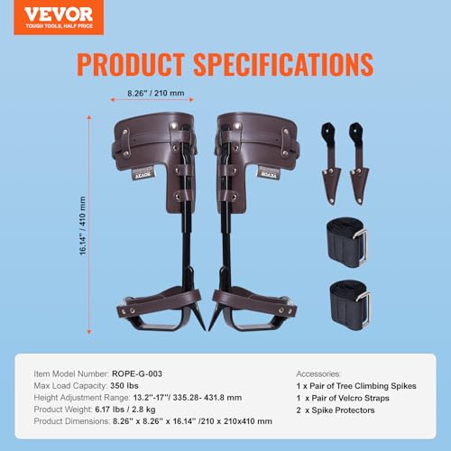Image of VEVOR Tree Climbing Spikes, 1 Pair Height-Adjustable Climbing Spurs, 350lbs Load Capacity Tree Climbing Gear with Straps, Arborist Equipment for Climbers, Hunting, Fruit Picking