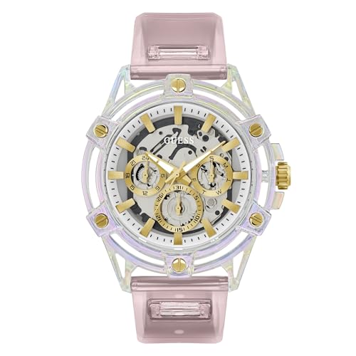 Guess Mens 48mm Watch - Pink Silicone Strap Clear Dial Clear Case