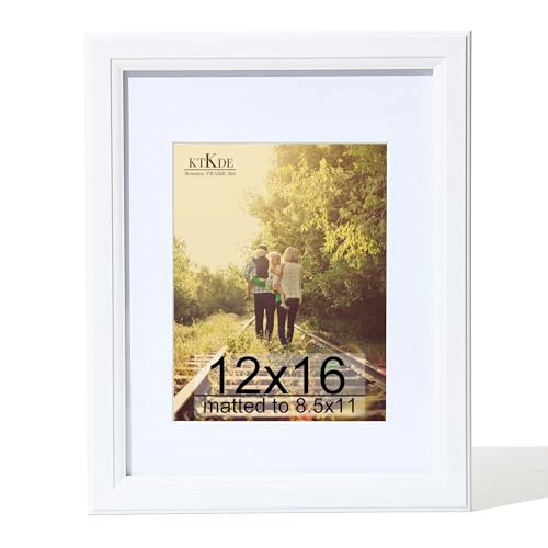 KTKDE 12x16 Picture Frame Real Glass,Poster frame Display Pictures 8.5x11 with Mat or 12x16 Without Mat, Modern Style Wood Composite Frame,Gallery Wall Frame Wooden White，best gift