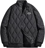 Chaqueta de béisbol de algodón con Bolsillos y Cuadros de Diamantes para Hombre Holgada de Invierno con Bolsillos cálida Acolchada Estilo Universitario (Negro,XXL)