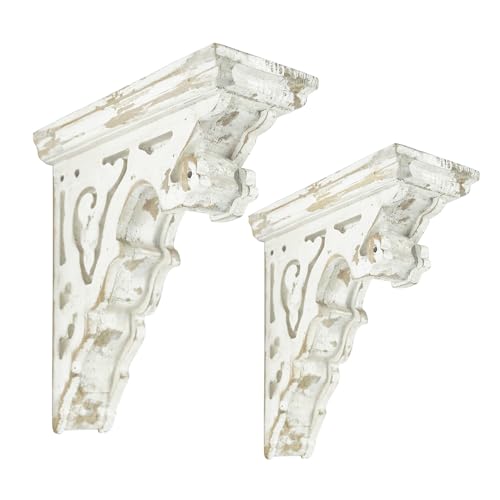 BIG FORTUNE Set of 2 Corbels for Shelves Wood Corbels Decorative,L7.2 x W3.1 x H7.8 Inch, Shelf Brackets Wooden Vintage Shelf Farmhouse Decor(White)