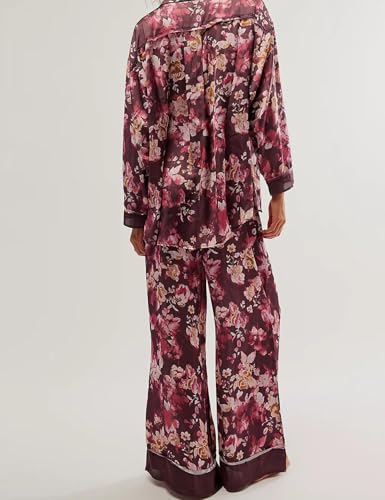 Image of Yimoon Satin Pajama Set for Women Silk Pajamas Set 2 Piece Floral Cute Pj Set Long Sleeve Pjs Sleepwear