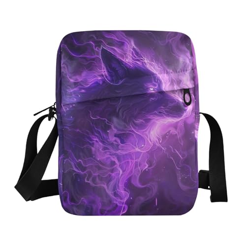 Crossbody Bag Neon Glowing Purple Flame Wolf Anima Messenger Bag for Women Men Purse Shoulder Bag Satchel Bag with Adjustable Strap 202b5968l