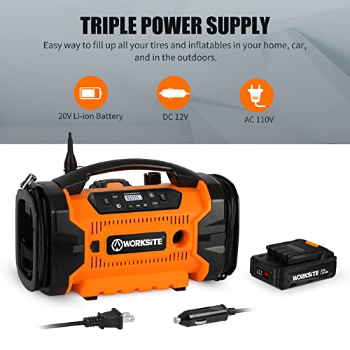 Worksite Tire Inflator Air Compressor, 160 Psi Car Tire Pump With 3 Power Supply (110V Ac, 12V Dc & 20V Battery), Inflation & Deflation Modes, Dual Powerful Motors, Digital Pressure Gauge, Orange #TOP1