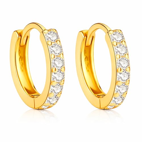LÖB Unisex Creolen aus 925 Silber Vergoldet mit Zirkonia weißen Strass Steinen Ohrringe Rund Klein Schmal Kurz Damen Herren Gold 14mm