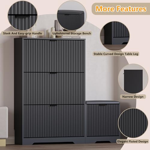 Image of BORNOON Slim Shoe Cabinet with Bench for Entryway, Hidden Storage and Adjustable Shelves, Free Standing Wooden Shoes Organizer for Hallway, Foyer