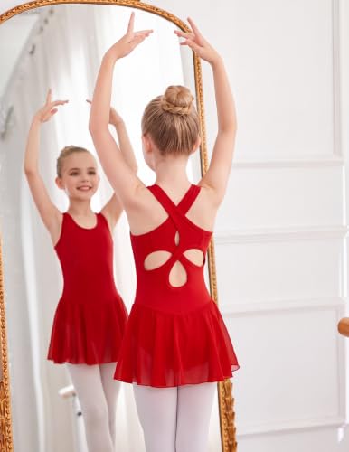 Image of Arshiner Kid Girls Hollow Back Ballet Leotard with Skirt Sleeveless Dance Dresses