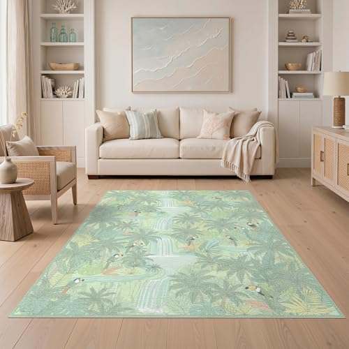 ODIKA 5'x7' Washable Flatwoven Rug, Light Green Bohemian Palm Tree Stain Resistant Area Rug for Guest Room, Lounge, Apartment, Non-Slip Low Profile Floor Covering | Ref:1992994