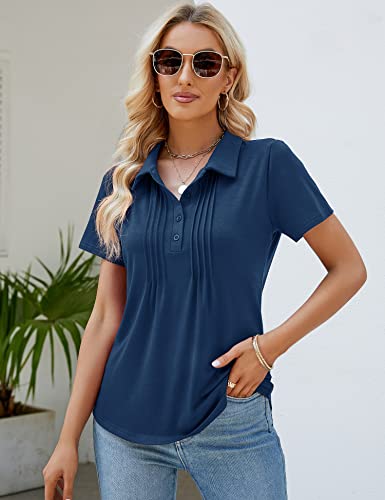 Luyaa Womens V Neck Collared Shirts Casual Polo Shirt Short Sleeve Solid Tops Summer Dressy Blouse Navy Blue L #TOP2