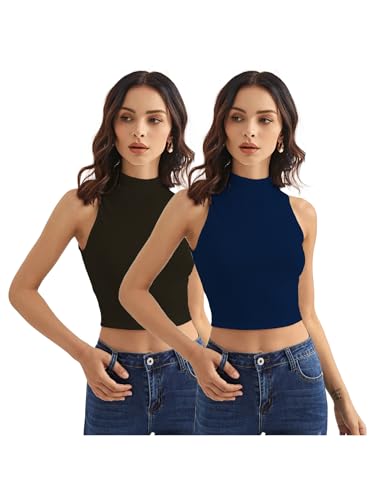 Image of Shasmi Women's & Girls' Solid Ribbed Round Neck Collarless Sleeveless Slim Fit Simplicity Tank Tops (TOP 37)