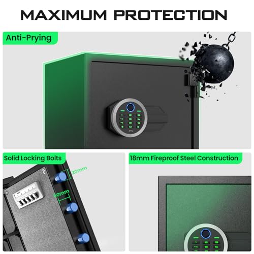 Kavey Biometric Fireproof & Waterproof Safe Box with Backlit Keypad, Dual Alarm System, Mute Function, Fingerprint Money Safe for Home Valuables