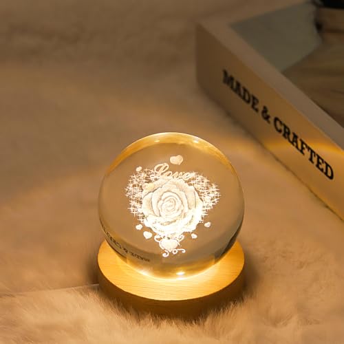 Image of 3D Love Crystal Ball Lamp with Dimmable LED and Wooden Base, Night Light for Kids Teens Adults, Home Desk Office Bedroom Decor, Birthday Gift (2.4 inch / 6cm)