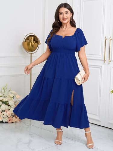 Image of SCOMCHIC Womens Plus Size Maxi Dress Formal Short Sleeve Square Neck Smocked Side Split Flowy A Line Tiered Long Dress