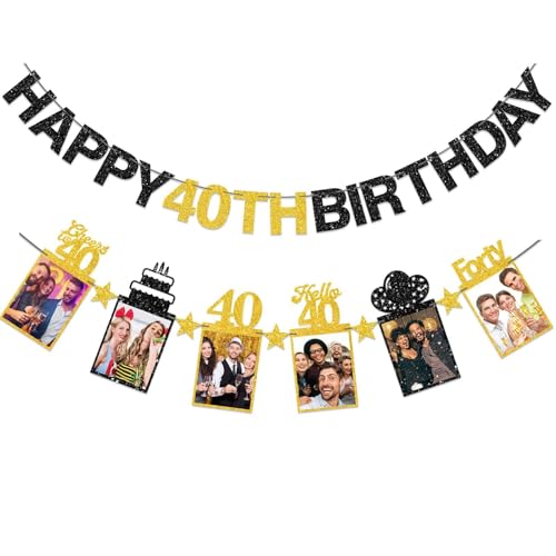 Image of Guiruiy Pre-strung Happy 40th Birthday Photo Banner Decorations for Men Women, Black Gold Glitter Hello 40 Birthday Photo Hanging Banner Party Supplies, Cheers to 40 Years Old Bday Sign