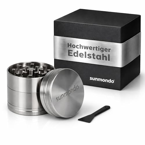 SUNMONDO Grinder Edelstahl Ø 50 mm 4-teilige Kräutermühle Crusher für Gewürze Tabak & Spice - mit Pollensieb & Schaber