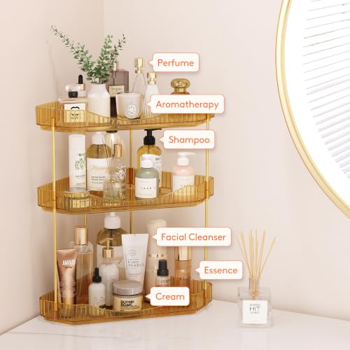 Image of Lifewit 3-Tier Corner Bathroom Counter Organizer, Plastic Makeup Skincare Organizers Storage Countertop, Large Sink Cosmetic Perfume Shelf for Bedroom, Dresser, Kitchen, Vanity, Gold, 25 cm /10inch(H)