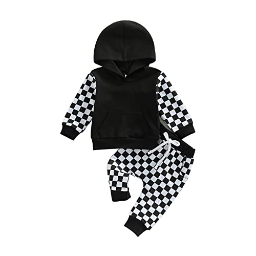 Image of Toddler Baby Boy Girl Fall Winter Clothes Checkerboard Plaid Hoodie Sweatshirt Tops Elastic Waist Pants Set