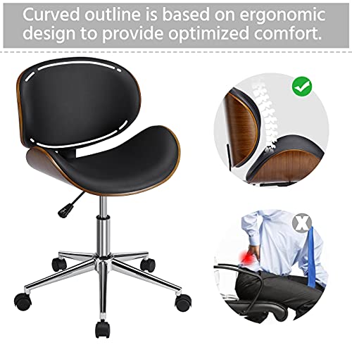 Yaheetech Ergonomic Desk Chair Armless Office Chair Mid-Century Bentwood Seat Computer Chair Walnut Wood Chrome Finish Stool With Swivel Wheels Faux Leather Height Adjustable, Black #TOP4