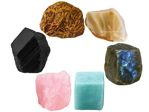 Amazing Gemstone Crystals for Mood Lifting Manifestation, Set of 6 Labradorite, Amazonite, Mariyam Jasper, Rose Quartz, Black Tourmaline and Lace Agate Healing Crystals and Stones