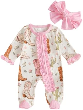 Ysfanwuxi Newborn Baby Girl Western Clothes Cowgirl Boots Footie Romper (Pink-B, 3-6 Months)
