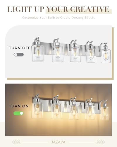 Image of 5 Light Bathroom Vanity Light, Brushed Nickel Vanity Lights for Morden Bathroom Lighting Fixtures Over Mirror Wall Light Fixtures with Clear Glass Shade ZCVL01BN-5