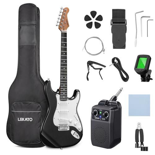 LEKATO Beginner Electric Guitar Kit 39 Inch Full Size Solid Body Guitar SSS for Starter Roasted Maple Neck Stainless Steel Frets, 5w Plug-in Amp, Bag, Tuner, Capo, Strap, Picks, String, Cable - Black