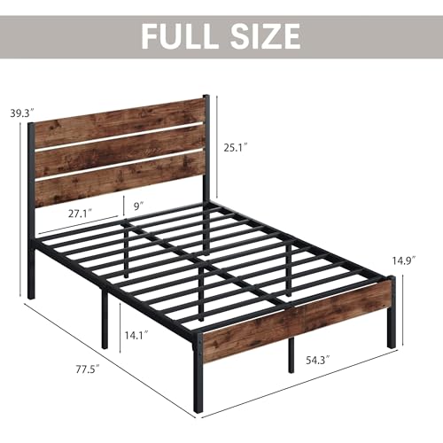 Image of Fluest Full Bed Frame with Headboard and Footboard, Metal Full Bed Frame with Under Bed Storage, All-Metal Support System, No Box Spring Needed, Easy Assembly,Rustic Brown