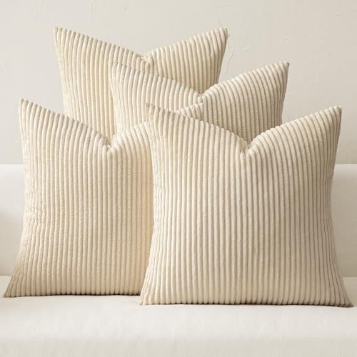MIULEE Boho Farmhouse Throw Pillow Covers 18x18 Inch Set of 4 Mordern Nordic Cushion Covers Soft Corduroy Spring Home Decor for Couch Bed Sofa Living Room Beige