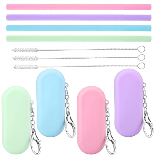 Alriedy 4-Pack Reusable Silicone Straws with Case – Collapsible, Portable Straws for Bubble Tea, Hot & Cold Drinks – Includes Cleaning Brush & Keychain – BPA-Free, Eco-Friendly Travel Straw Set