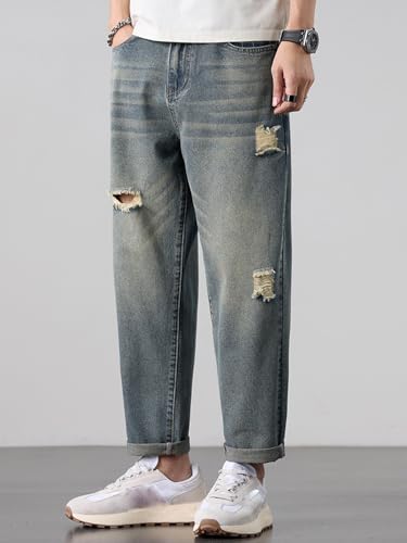 Baggy Straight Leg Ripped Jeans for Men Distressed Vintage Denim Pant Loose Ankle Length Harem Skater Street Jeans4