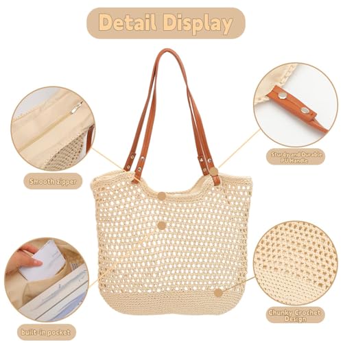 Bolso de playa tejido a ganchillo, bolso tote bohemio con forro impermeable para vacaciones de verano, bolso casual suave con correa para hombro para mujeres miniatura 4