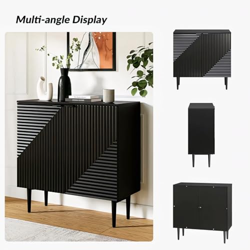 Image of Prism Pattern Wooden Sideboard Cabinet | 2 Door Storage Unit with Metal Legs | Premium HDMR Wood Console Cabinet for Living Room, Kitchen & Dining | DIY Leg Assembly(Black)