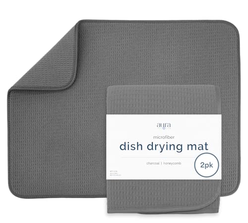 S&T INC. Dish Drying Mat XL 2 Pack, 18” x 24”, Absorbent Microfiber Kitchen Counter Mat, Dish Drying Pad for Dishes, Utensils, Pots and Pans, Extra Large, Charcoal Grey