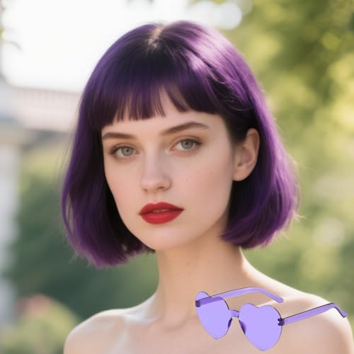 PHOENIXFLY Short Purple Bob Wig With Bangs -12 Inch Natural Fashion Bob Wigs for Women, Cute Colored Synthetic Wig for Daily Party Halloween (Purple, 12 Inch)